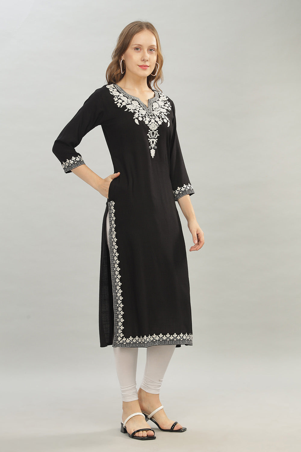 Mythri V Neck Straight Cut Kurta with 3/4 Sleeves - Black - KU43