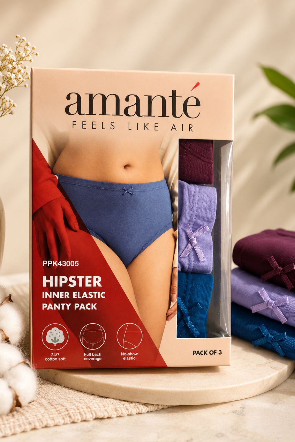 Amante Women's Cotton Hipster Panties Pack of 3 – Mid Rise Soft Stretch Breathable Everyday Underwear with Full Back Coverage - PPK43005