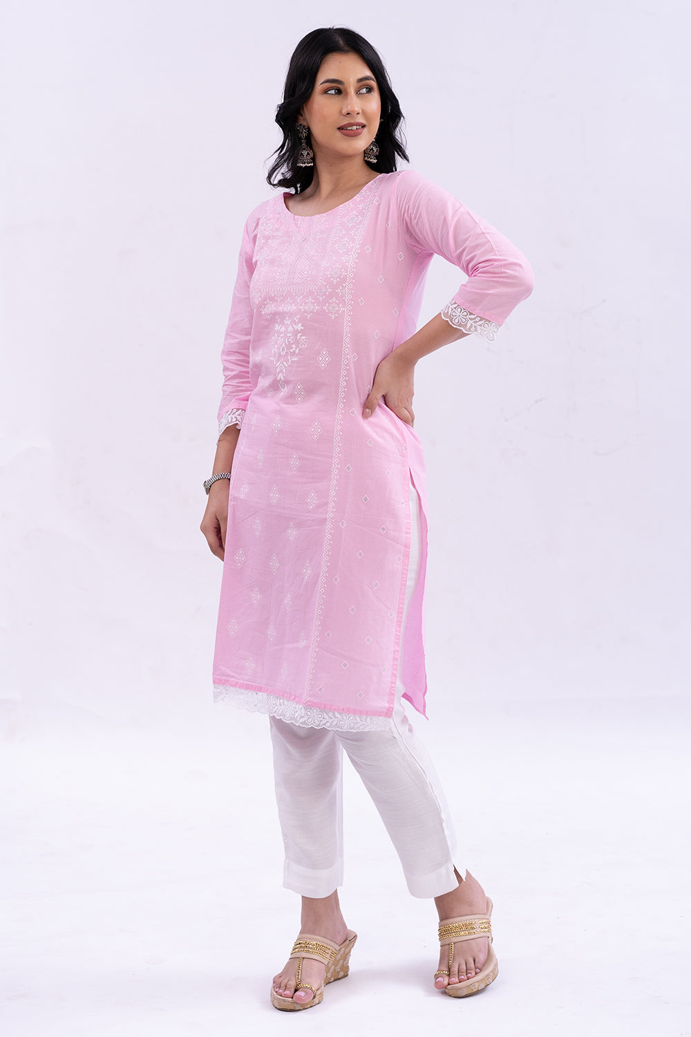 Mythri Round Neck with 3/4  Sleeves Straight Kurta - Pink - KU06