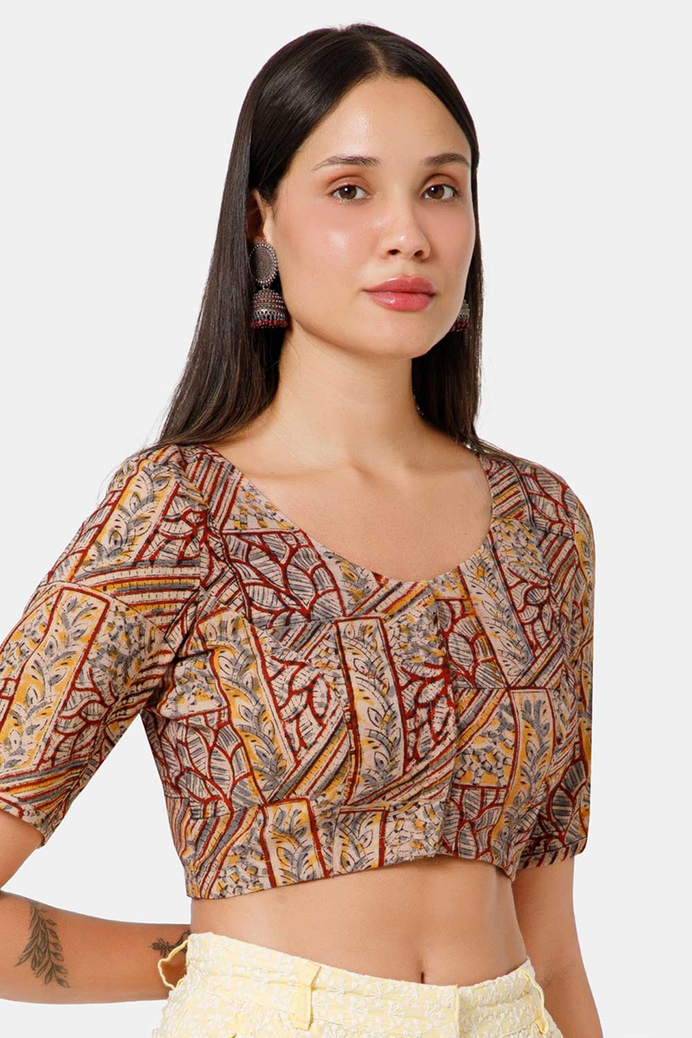 Naidu Hall Women’s Blouse Cotton Kalamkari Padded Front Open U Neck Princess Cut Elbow Sleeve Saree Blouse - Maroon - BU17