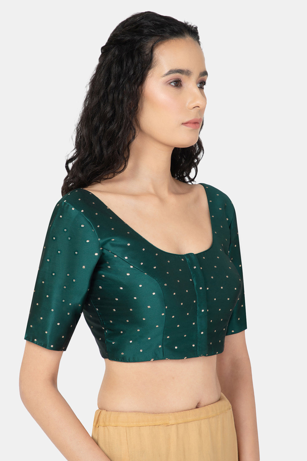 Naidu Hall Ethnic Jacquard Saree Blouse with Round Neck Elbow Sleeves - Bottle Green