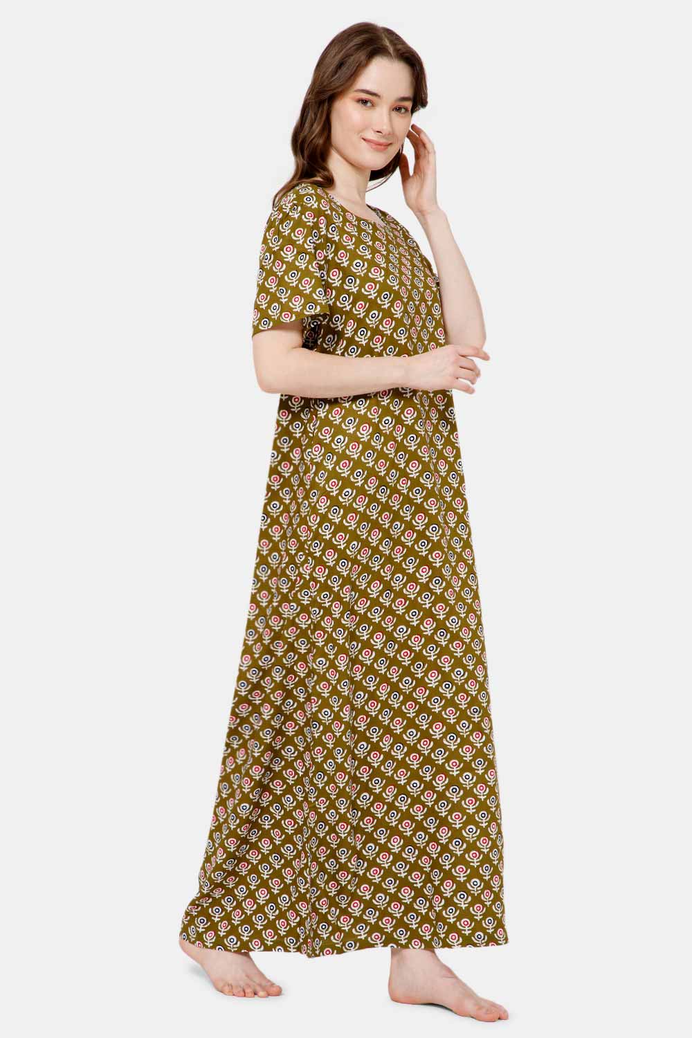 Naidu Hall Printed  Nighty with Square Round Neck - Green - NT36