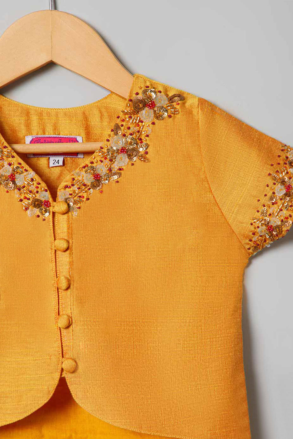 Chittythalli Traditional Pavadai Set V Neck short sleeve top with Box pleated Skirt - Yellow & Pink - PS38