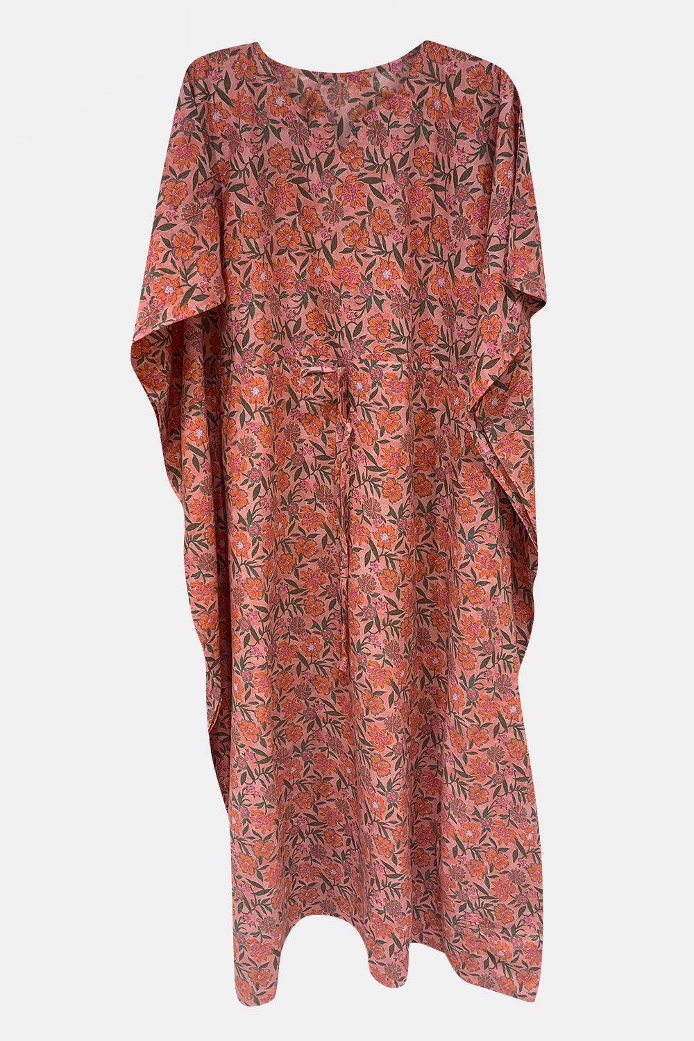 Naidu Hall Round Neck Kaftan Style Printed Nighty - Peach  - NT66