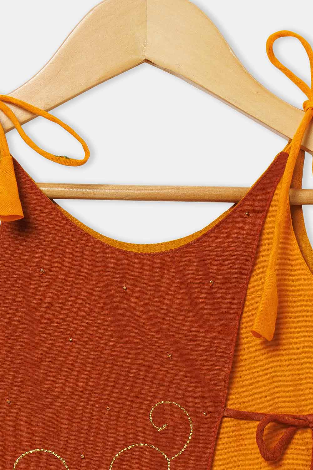 Chittythalli Girls’ Ethnic Frock – Sleeveless with Asymmetric Contrast Panel, Box Pleats & Zari Embroidery - Orange - FR41
