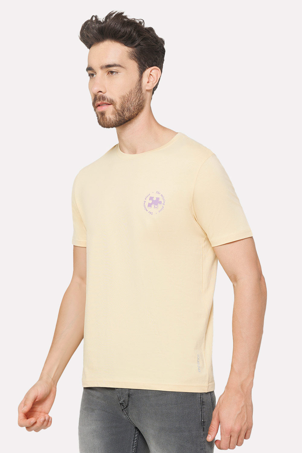Enhance Men's Printed Crew Neck Casual T-Shirt - Beige - TS30