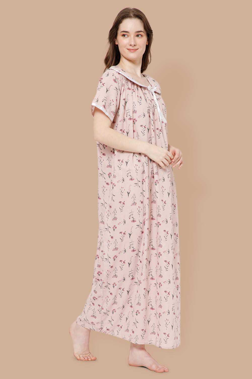 Naidu Hall Detailed Lace Nighty with Peter Pan Collar Neck - Pink - NT38