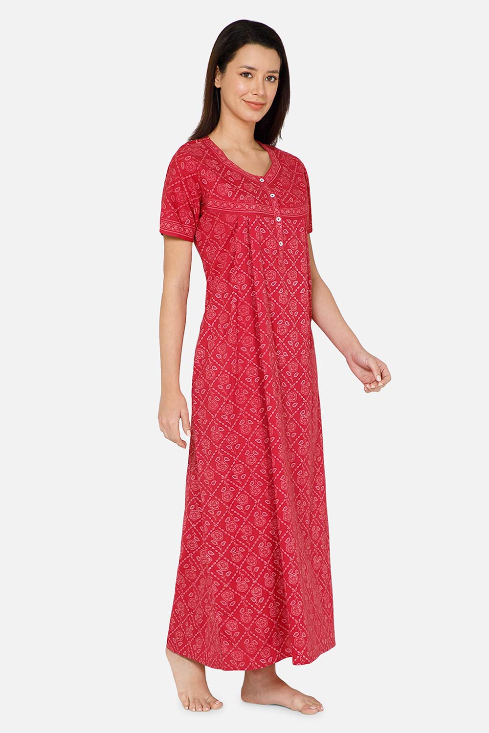 Naidu Hall A-line Front Open Women's Nighty Full Length Half Sleeve  - Pink - R133