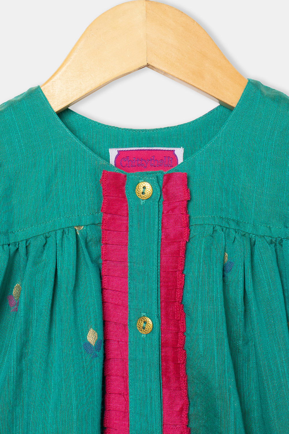 Chittythalli Girls Knee-Length Frock with Puff Sleeves and Pleated Front Detailing - Green - FR32