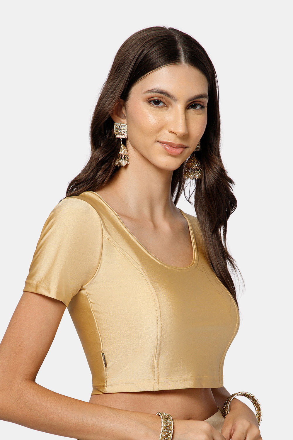 Naidu Hall Women’s Shimmer Knitted Saree Blouse | Silk Blend Round Neck Short Sleeve Ready to Wear Blouse | Regular Fit Solid Stretch Blouse for Sarees - Dark Cream Shimmer