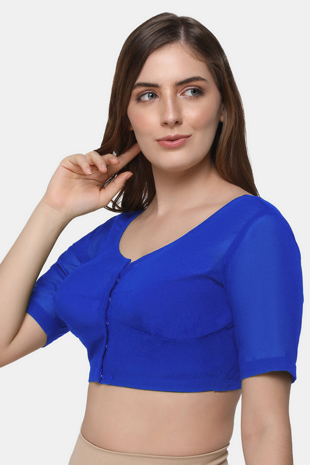 Naidu Hall Women's 2x2 Cotton Saree Blouse | Readymade Round Neck Elbow Sleeve Woven Cotton Blouse | Plain Traditional Blouse for Cotton, Handloom, Linen & Silk Cotton Sarees - RNRE