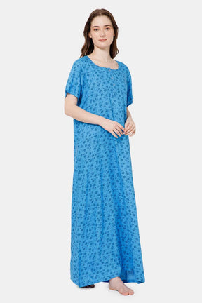 Naidu Hall Front Open Printed Nighty with Square Round Neck - Dark blue - NT33
