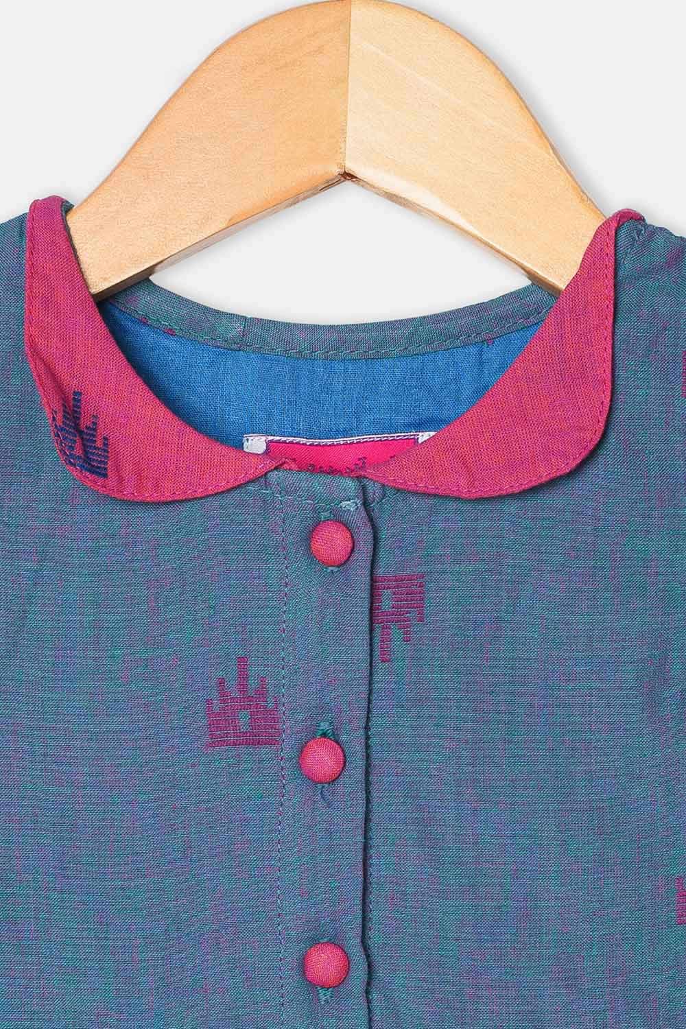 Chittythalli Girls Ethnic Frock Cotton Sleeveless Dress with Peter Pan Collar, Knife Pleats and Gathered Skirt- Blue - FR40