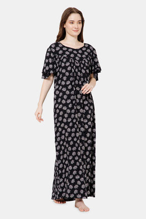 Naidu Hall All Over Printed Nighty with Butterfly Sleeves Diamond Neck - Black print-3 - NT37