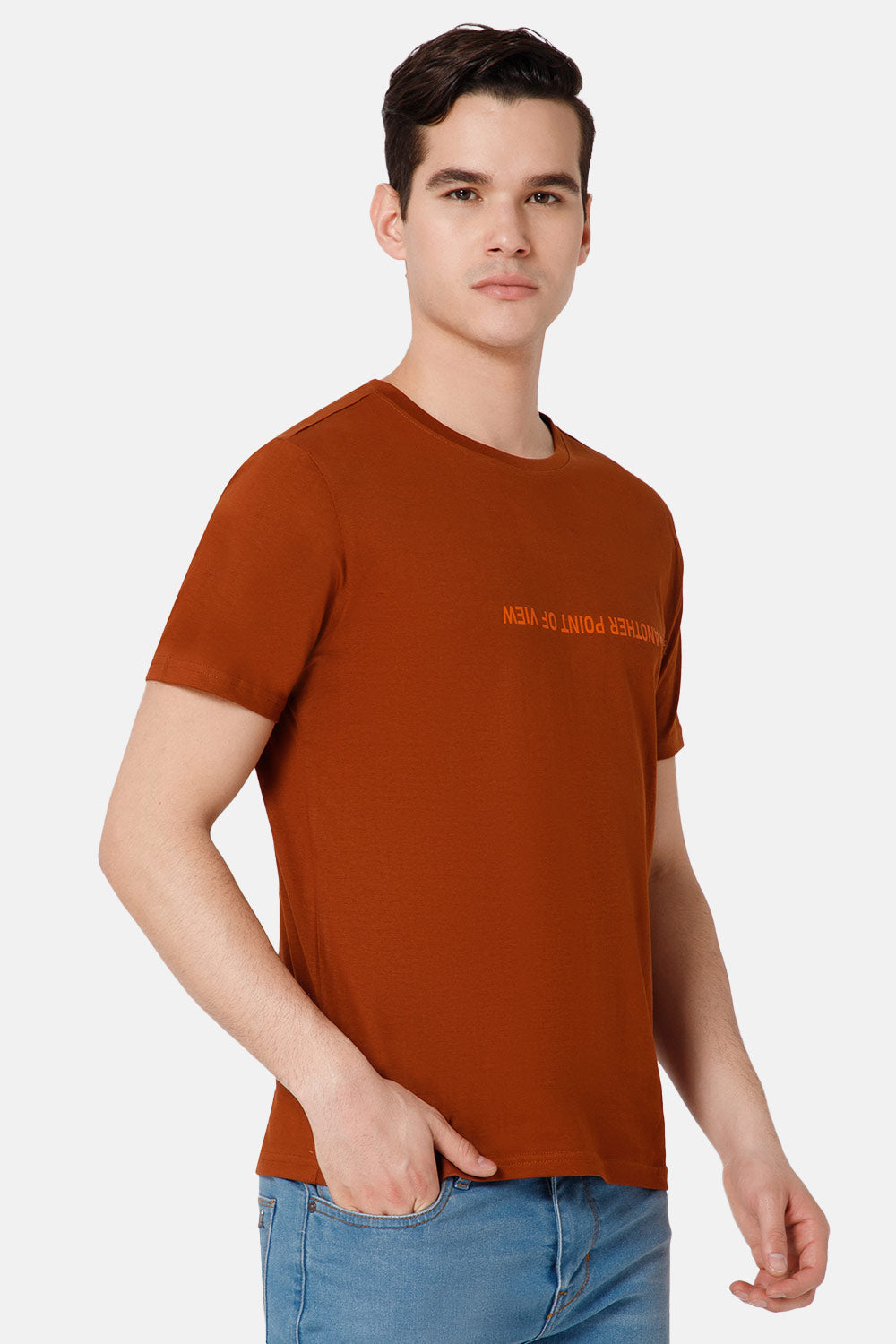 Enhance Printed Crew Neck Men's Casual T-Shirts - Medium Orange - TS26