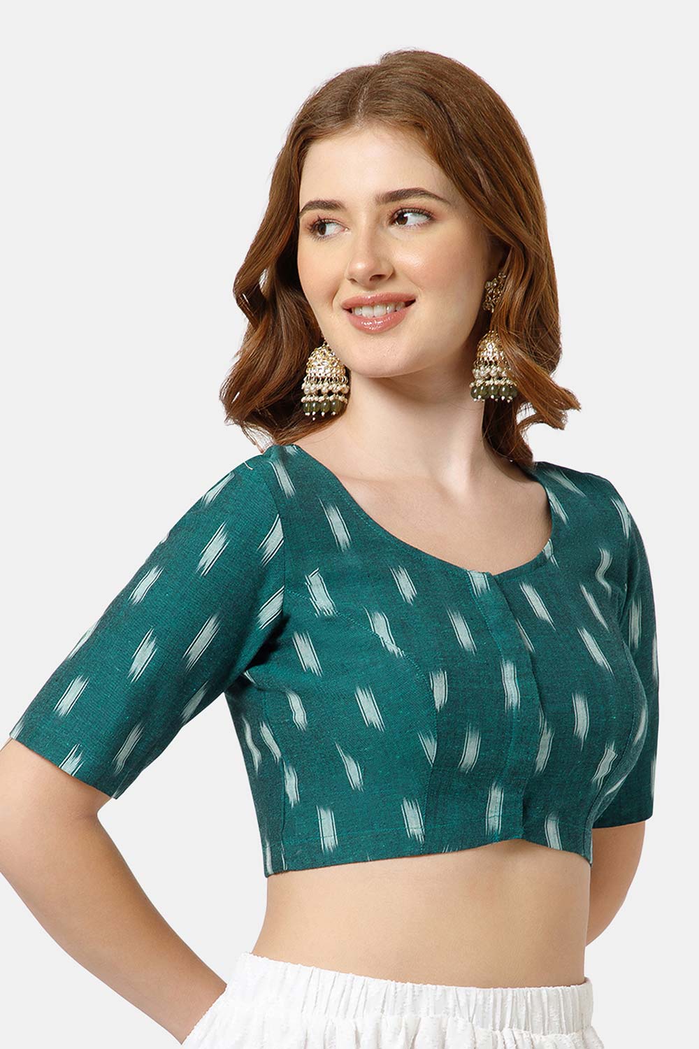 Naidu Hall Women’s Cotton Blouse | Woven U-Neck Ethnic Blouse with Elbow Sleeves & Front Closure - Teal Green - BU17