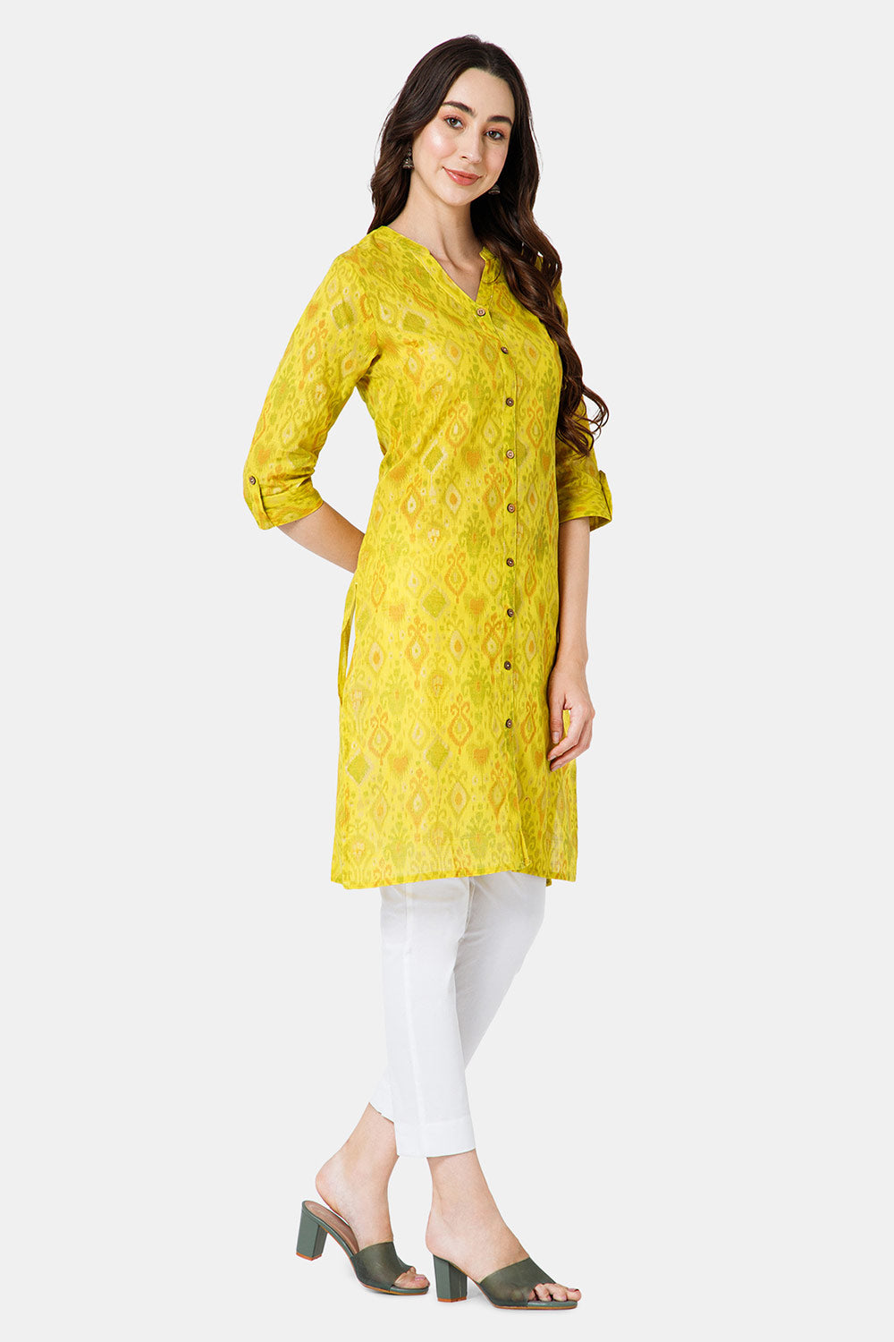 Mythri Women's Ethnic Wear Mandarin collar 3/4 sleeve with front Full placket styling - Yellow - KU37