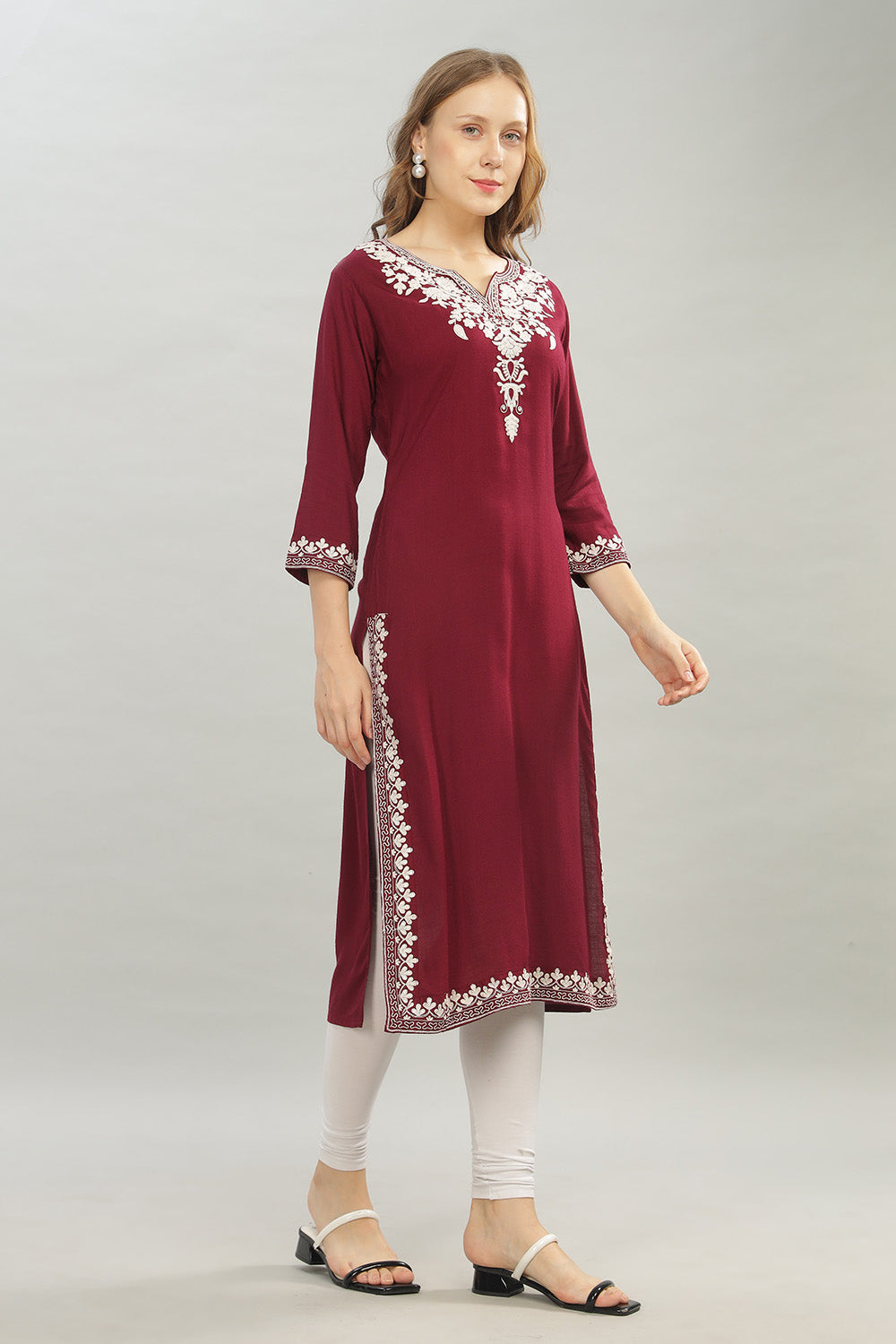 Mythri V Neck Straight Cut Kurta with 3/4 Sleeves - Maroon - KU45