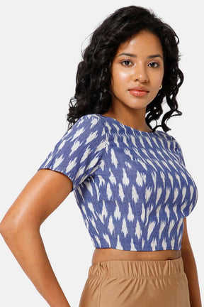 Naiduhall Princess Cut Boat Neck Short Sleeve Ikat Blouse - Blue - BU08