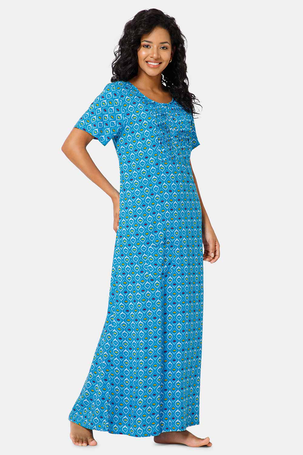 Naidu Hall Front Open Round Neck Short Sleeve Printed Nighty-Blue - NT52