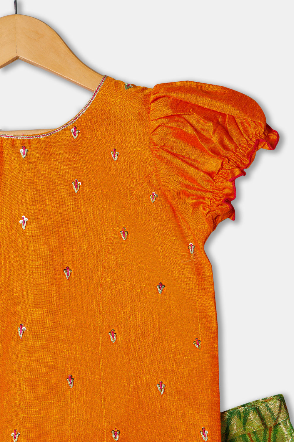Chittythalli Girls Ethnic wear  Cotton blend  Pavadai Set with  Round Neck Puff Sleeve - Orange - PS36