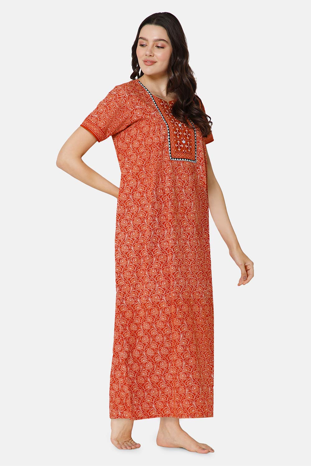 Naidu Hall A-line Women's Nighty Full Length Half Sleeve  - Orange - R136