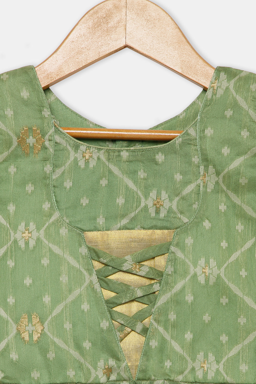 Chittythalli Girls’ Ethnic Pavadai Set – Chanderi Jamdani Peplum Top with Criss-Cross Cording & Kali Skirt | Traditional Festive Wear for Girls - PS91