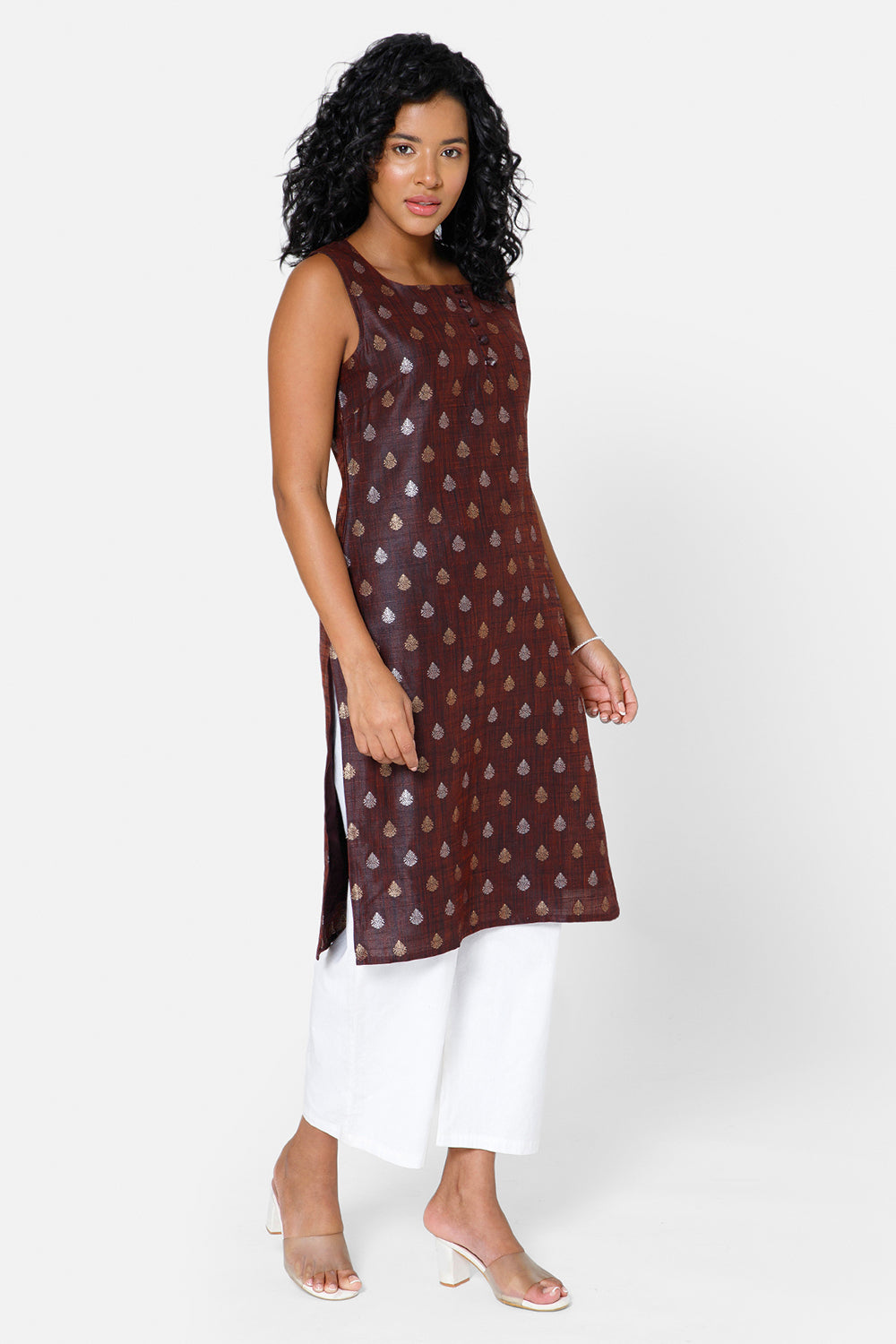 Mythri Women's Square Round Neck Sleeveless Casual Kurthi with Attachable Sleeves - Brown - KU33