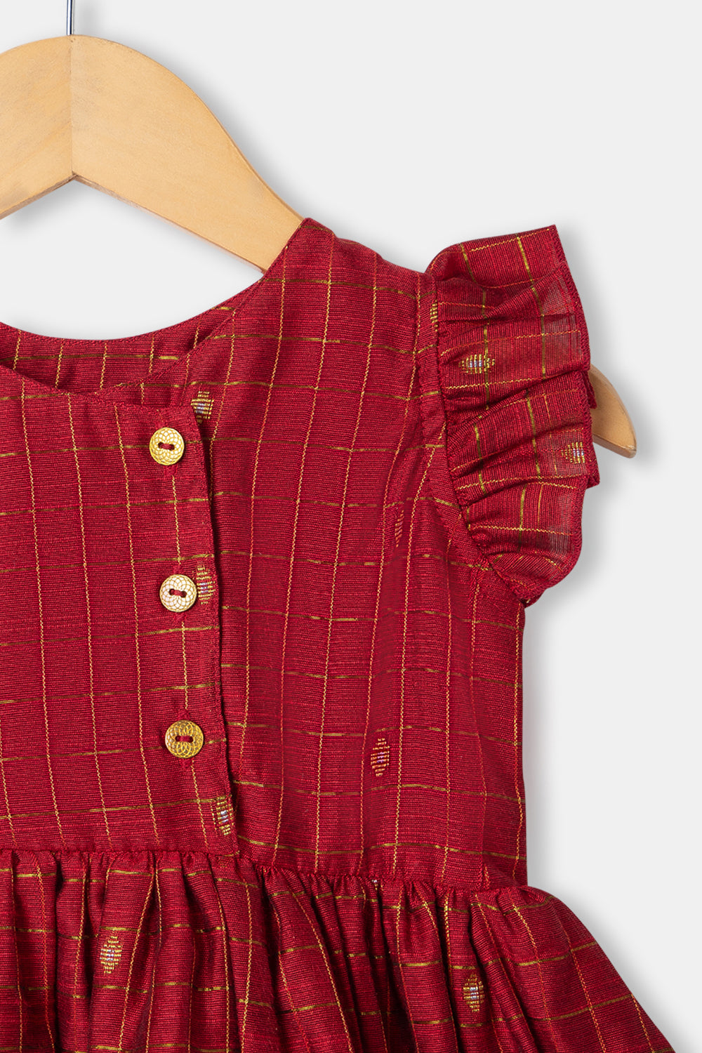 Chittythalli Raw Silk Girls Toddler Frock with Gold Button Embellishments and Zari Butta Fabric - Red - FR29