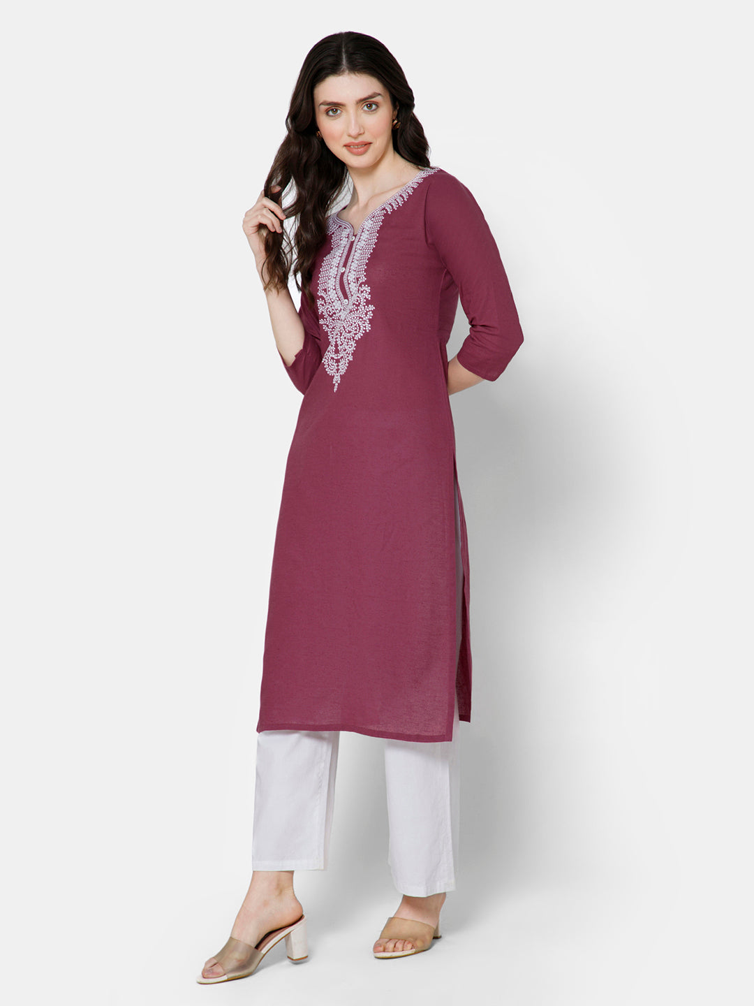 Mythri Women's Casual Kurthi with Elaborately Embroidered Neckline - Mauve - E026