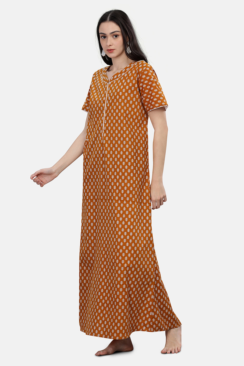 Naidu Hall  Round Neck Short Sleeve Printed Nighty - Mustard - NT69