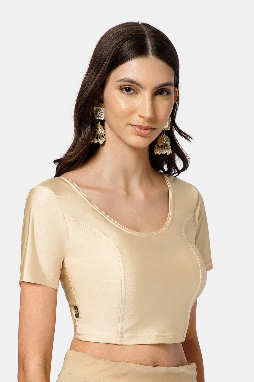 Naidu Hall Women’s Shimmer Knitted Saree Blouse | Silk Blend Round Neck Short Sleeve Ready to Wear Blouse | Regular Fit Solid Stretch Blouse for Sarees - Pista Shimmer