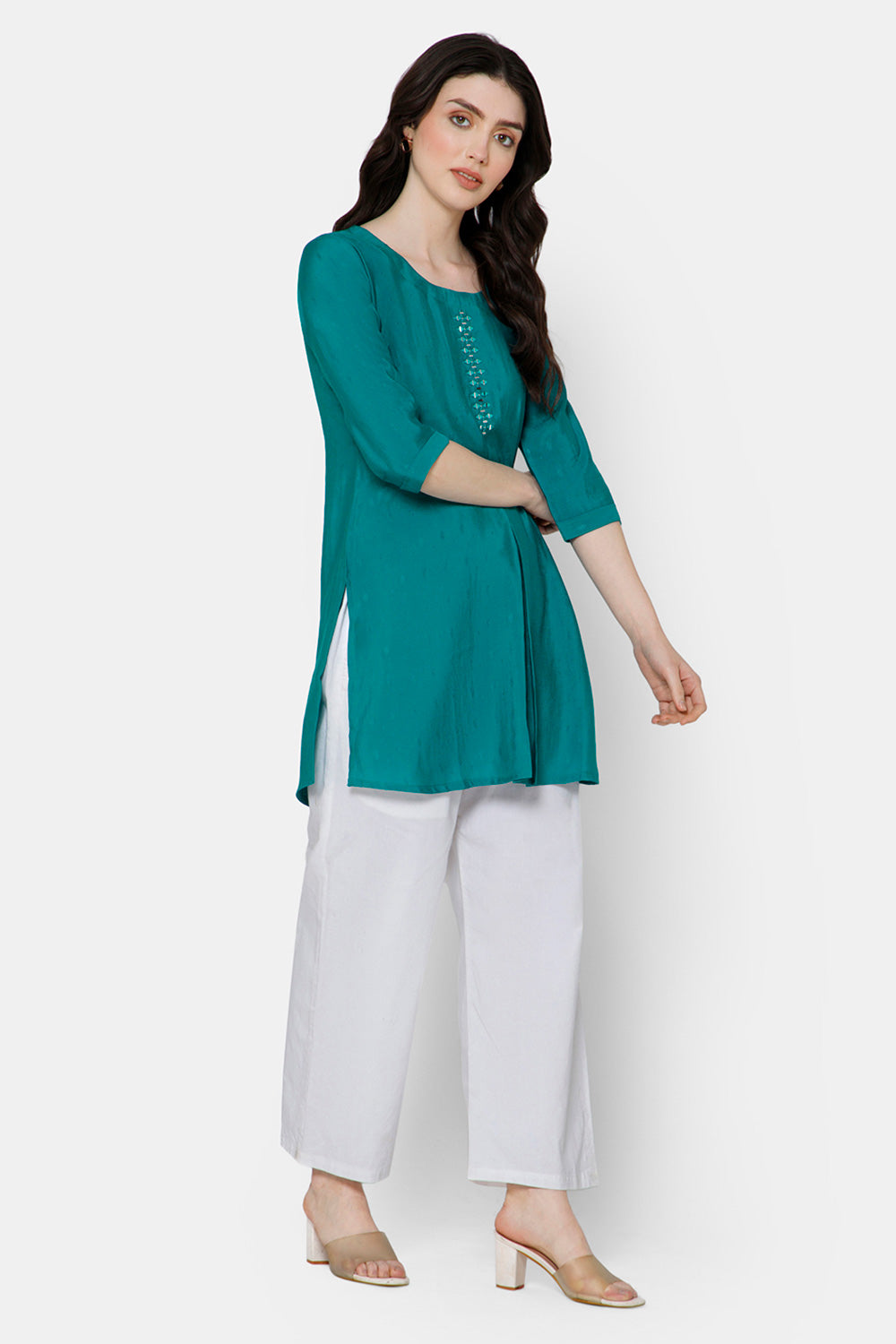 Mythri Women's Casual Tops with Mirror Work At The Center Front  - Blue - E021