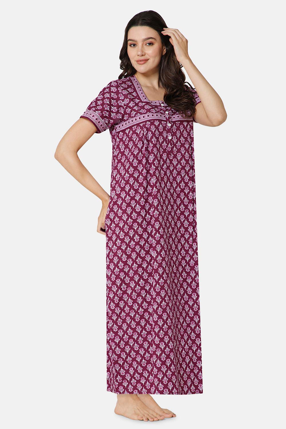 Naidu Hall Pleated Women's Nighty Full Length Half Sleeve  - Magenta - R134