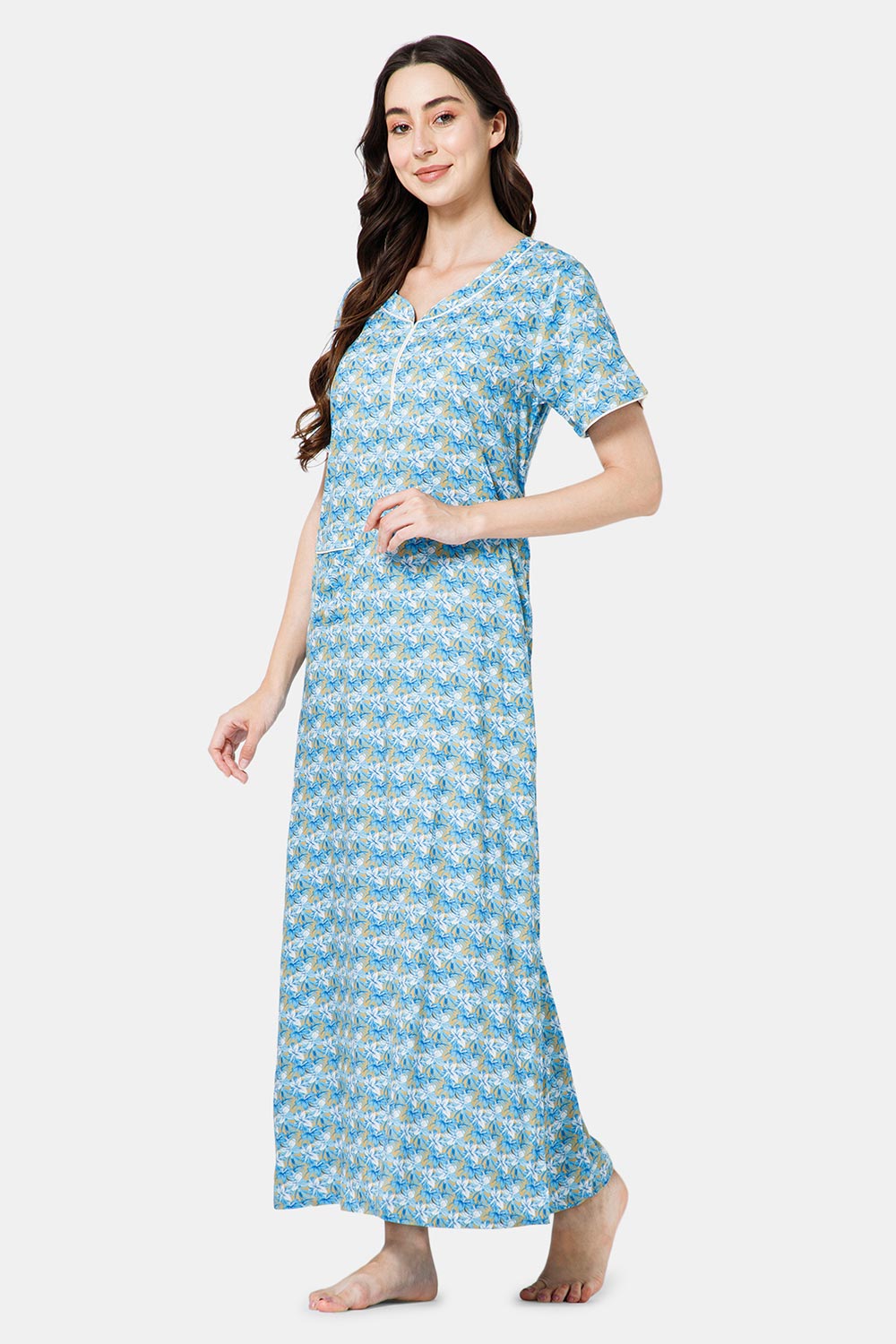 Naidu Hall Cotton Round Neck V Variation Short Sleeve Nighty - Blue Print - NT46