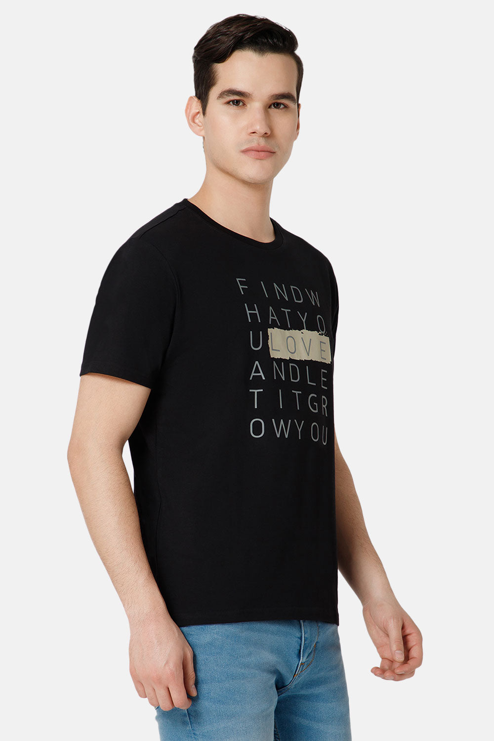 Enhance Printed Crew Neck Men's Casual T-Shirts - Black - TS12