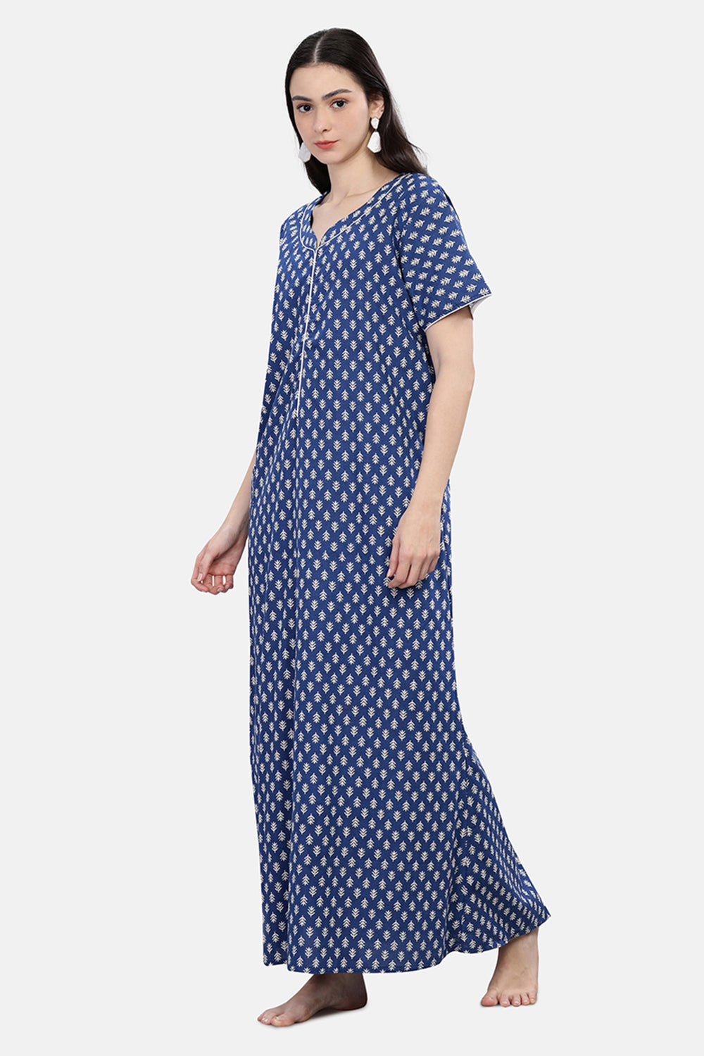 Naidu Hall  Round Neck Short Sleeve Printed Nighty - Blue - NT70