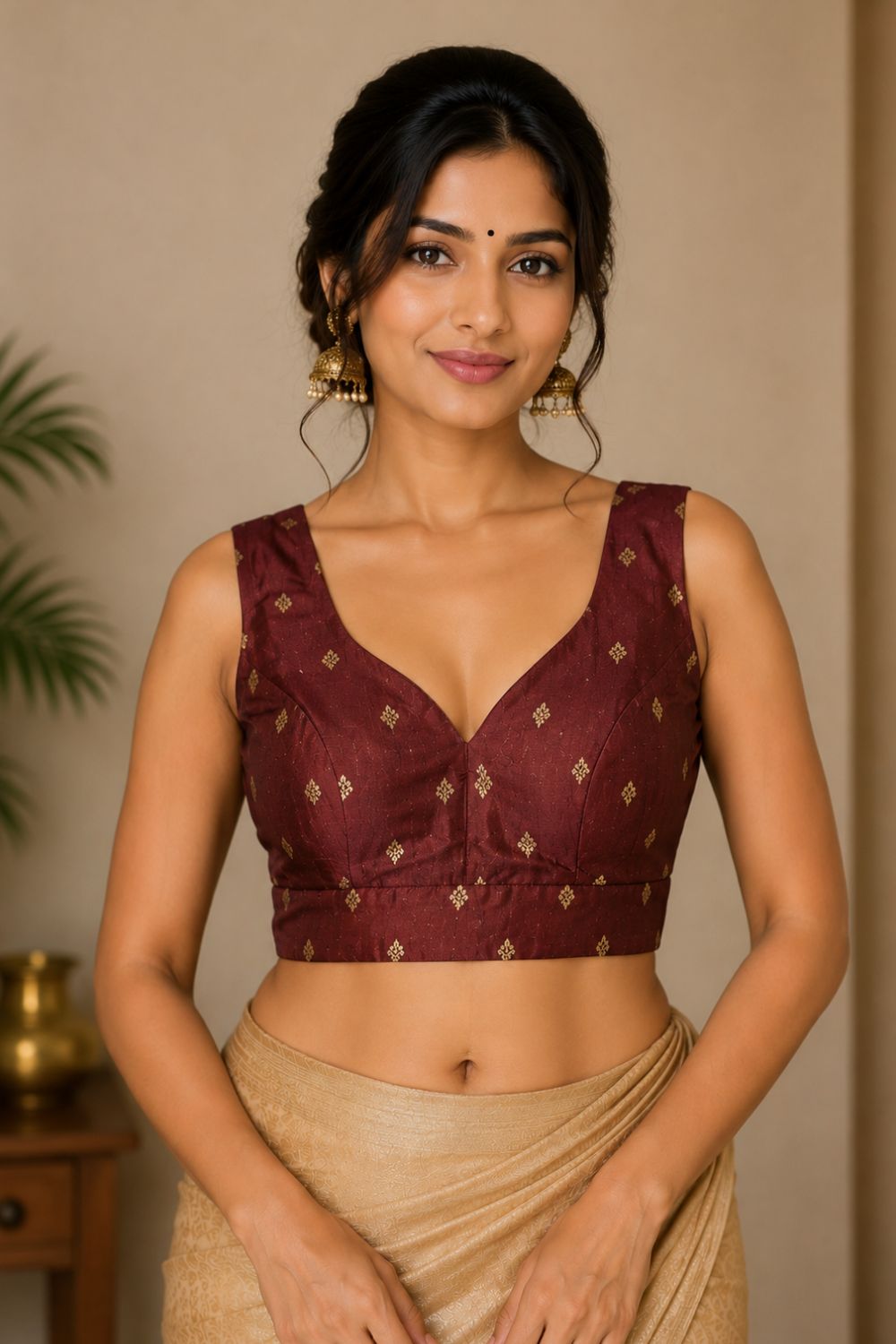 Women's Art Silk Printed Readymade Saree Blouse | V-Neck Sleeveless Designer Blouse for Women | Ethnic Party & Festive Wear - 4383