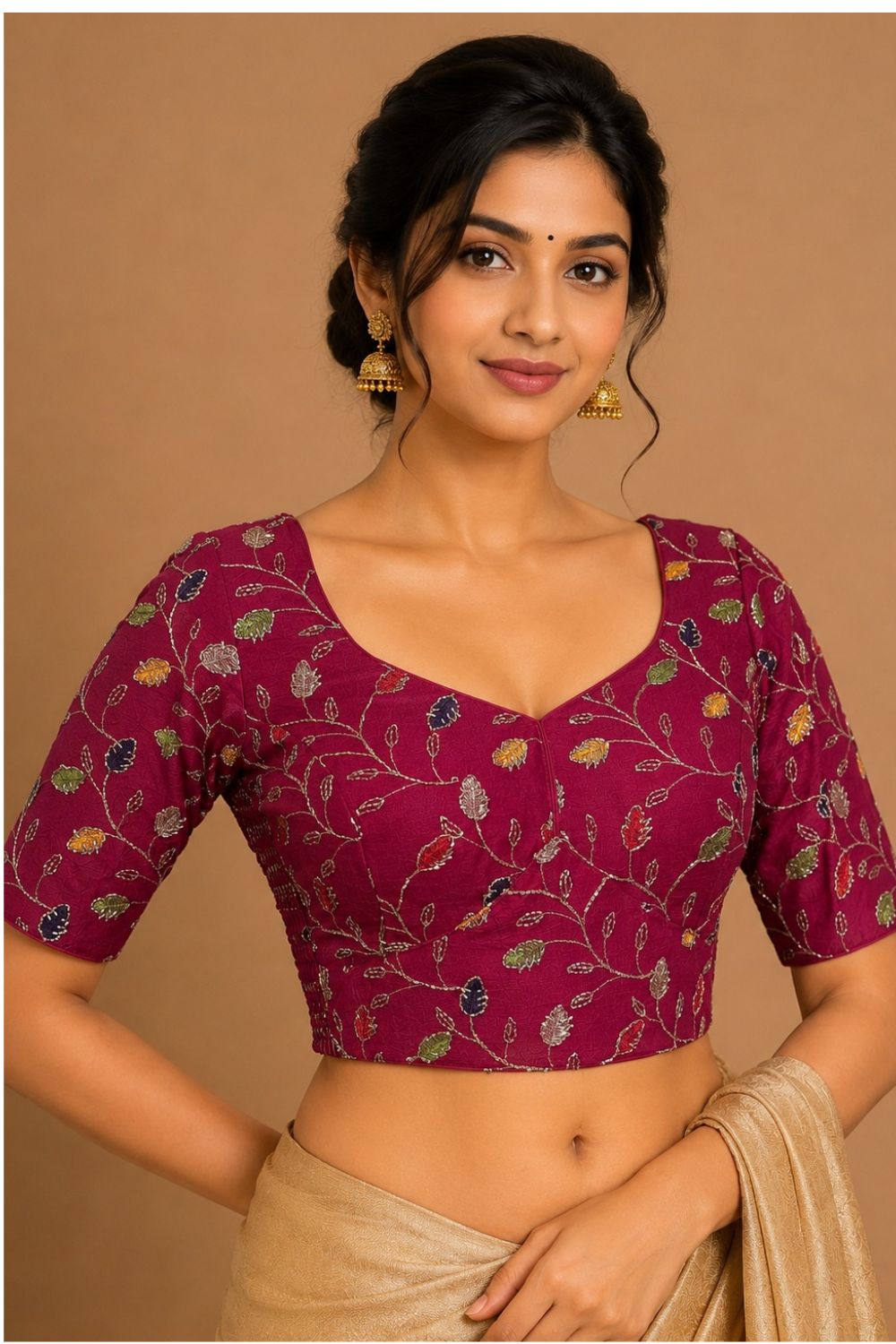 Women's Embroidered Art Silk Readymade Saree Blouse | V-Neck Elbow Sleeve Designer Blouse for Women | Festive, Wedding & Ethnic Wear - 4447