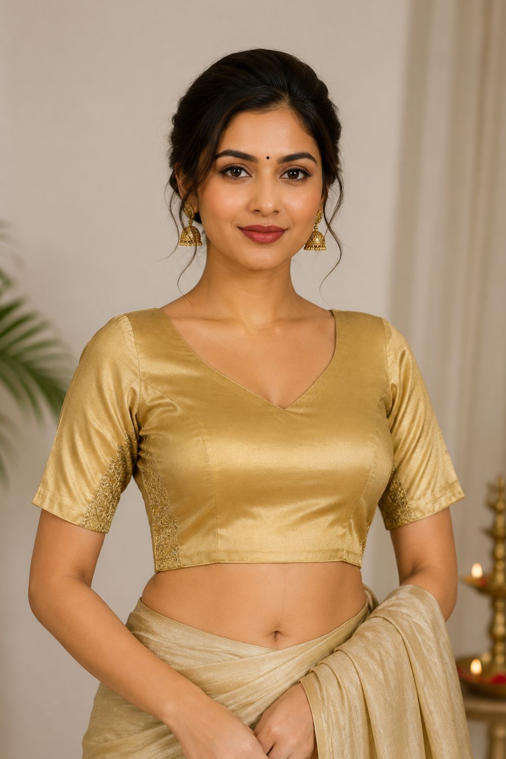 Women's Art Silk Readymade Saree Blouse | V-Neck Elbow Sleeve Designer Blouse for Women | Traditional Ethnic & Festive Wear - 4448