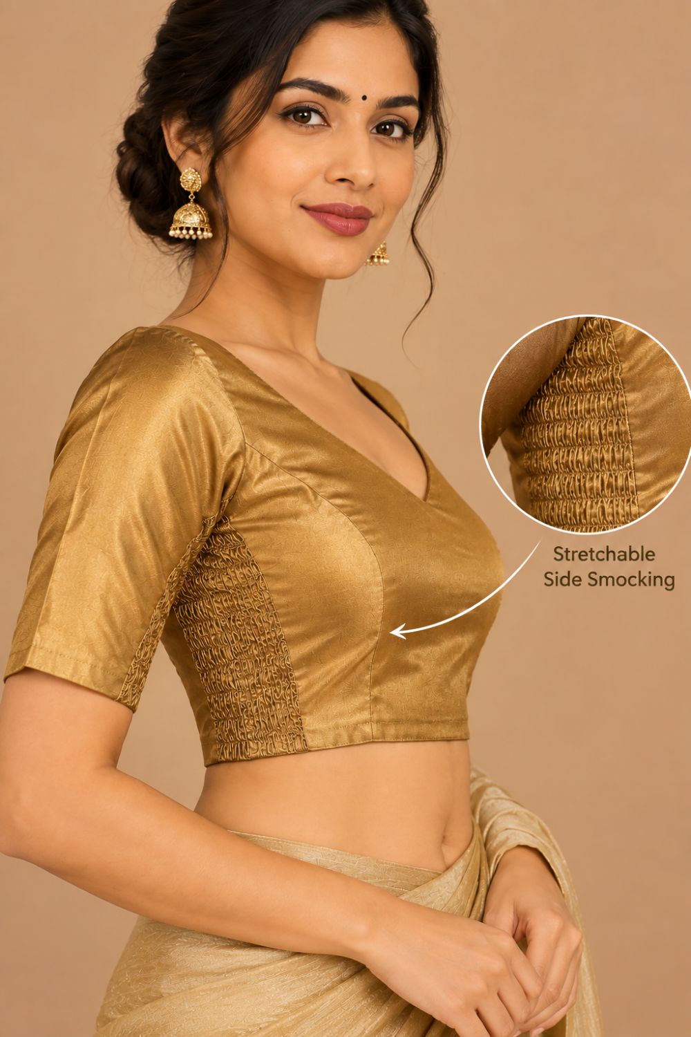 Women's Art Silk Readymade Saree Blouse | V-Neck Elbow Sleeve Designer Blouse for Women | Traditional Ethnic & Festive Wear - 4448