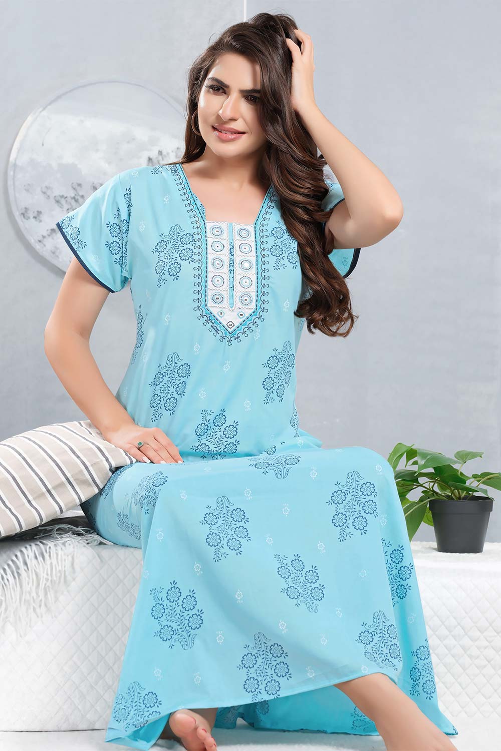 Women’s Nighty | Soft Blended Fabric Comfortable Nightwear & Stylish Sleepwear - Sky Blue - 4490