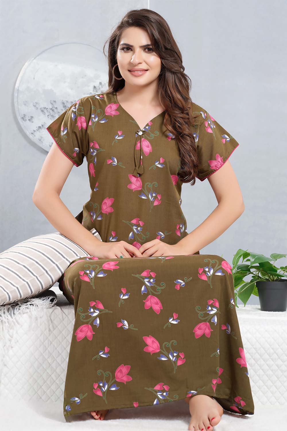 Women’s Nighty | Soft Blended Fabric Comfortable Nightwear & Stylish Sleepwear - Henna Green - 4492