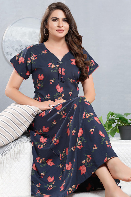 Women's Nighty | Soft Blended Fabric Comfortable Nightwear & Stylish Sleepwear - Navy Blue - 4492