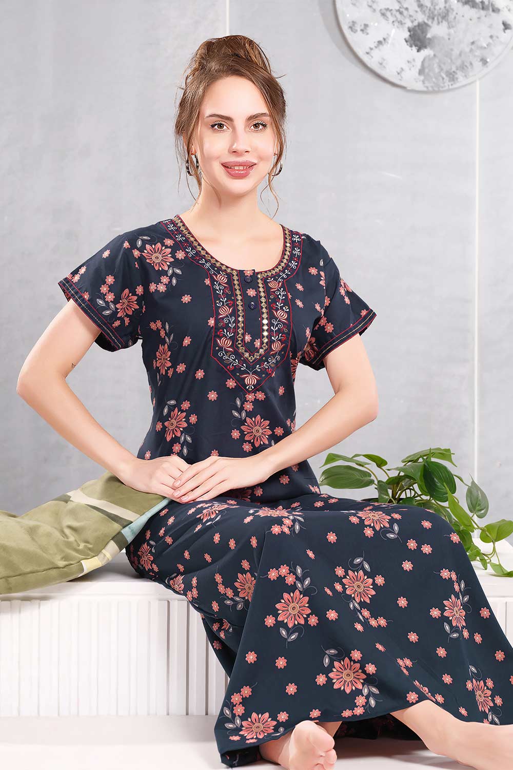 Women’s Nighty | Soft Blended Fabric Comfortable Nightwear & Stylish Sleepwear - Dark Blue - 4498
