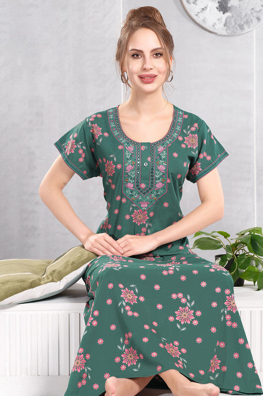 Women's Nighty | Soft Blended Fabric Comfortable Nightwear & Stylish Sleepwear - Henna Green - 4498