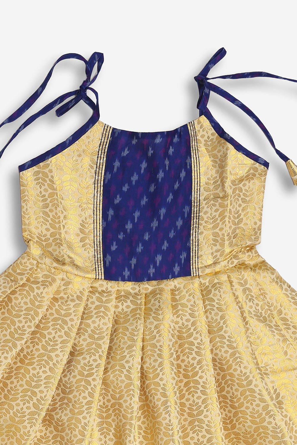Chittythali Girls Semi Silk Ethnic Frock with Ikat Panel & Back Smocking | Shoulder Tie Traditional Festive Dress - FR63