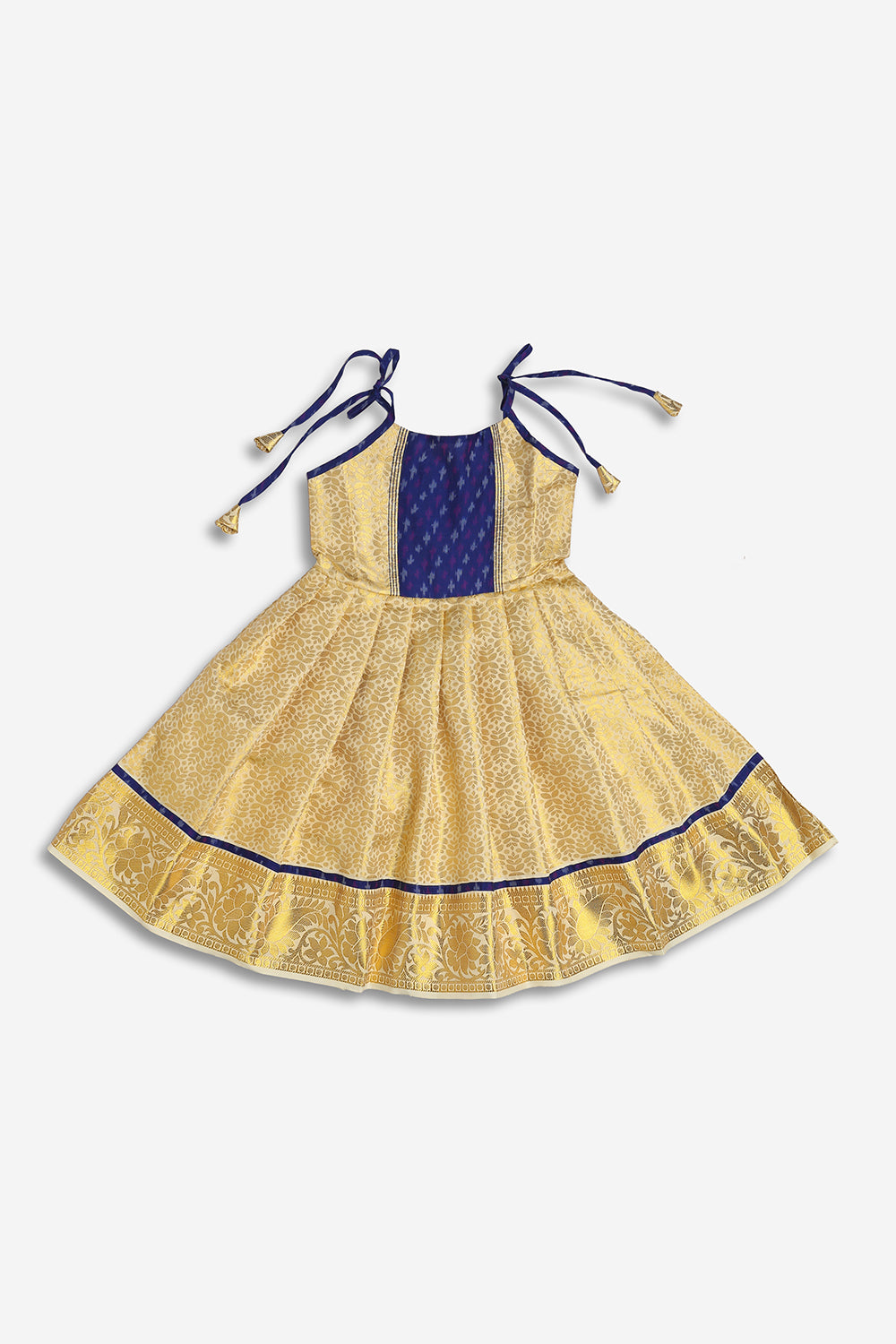 Chittythali Girls Semi Silk Ethnic Frock with Ikat Panel & Back Smocking | Shoulder Tie Traditional Festive Dress - FR63