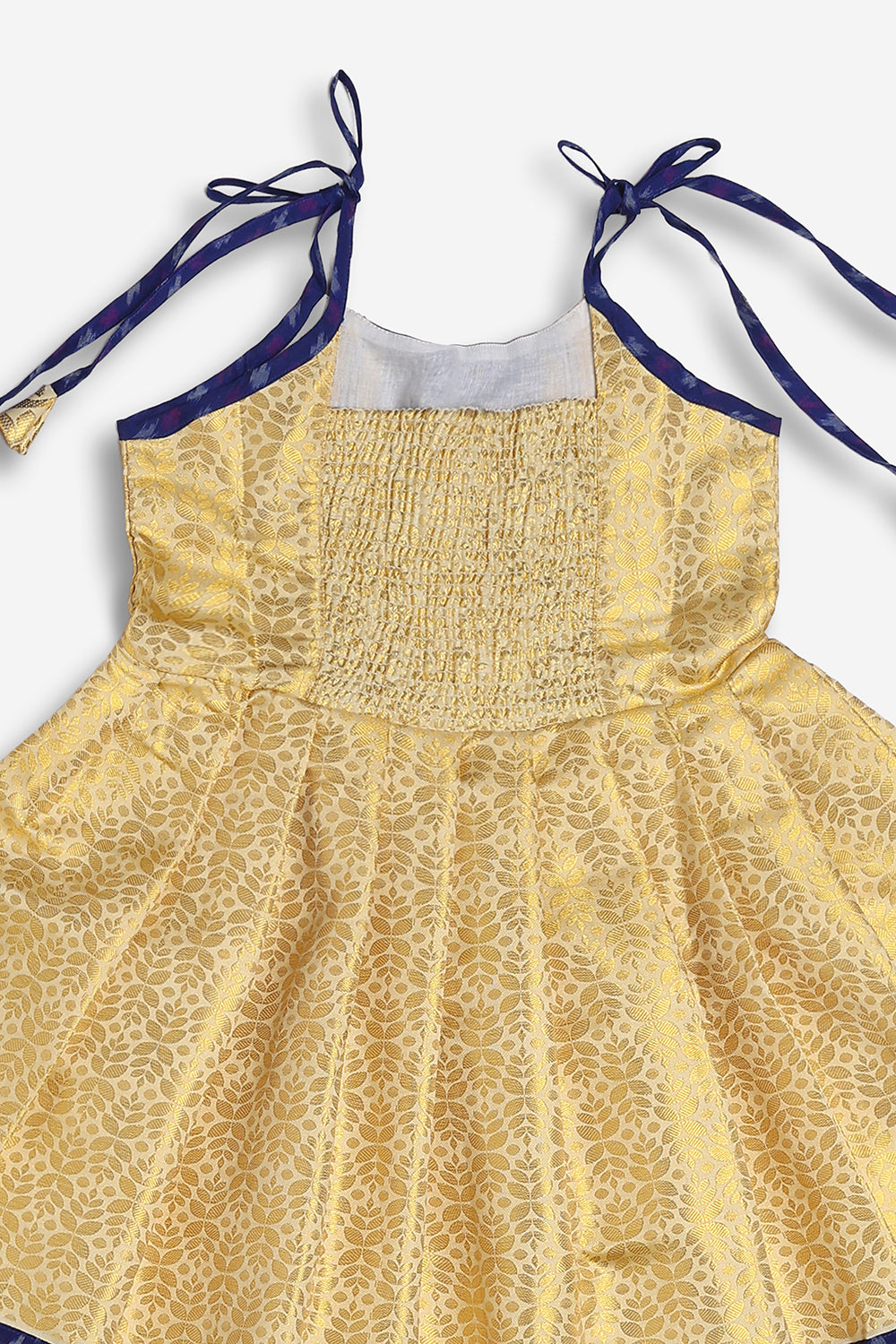 Chittythali Girls Semi Silk Ethnic Frock with Ikat Panel & Back Smocking | Shoulder Tie Traditional Festive Dress - FR63