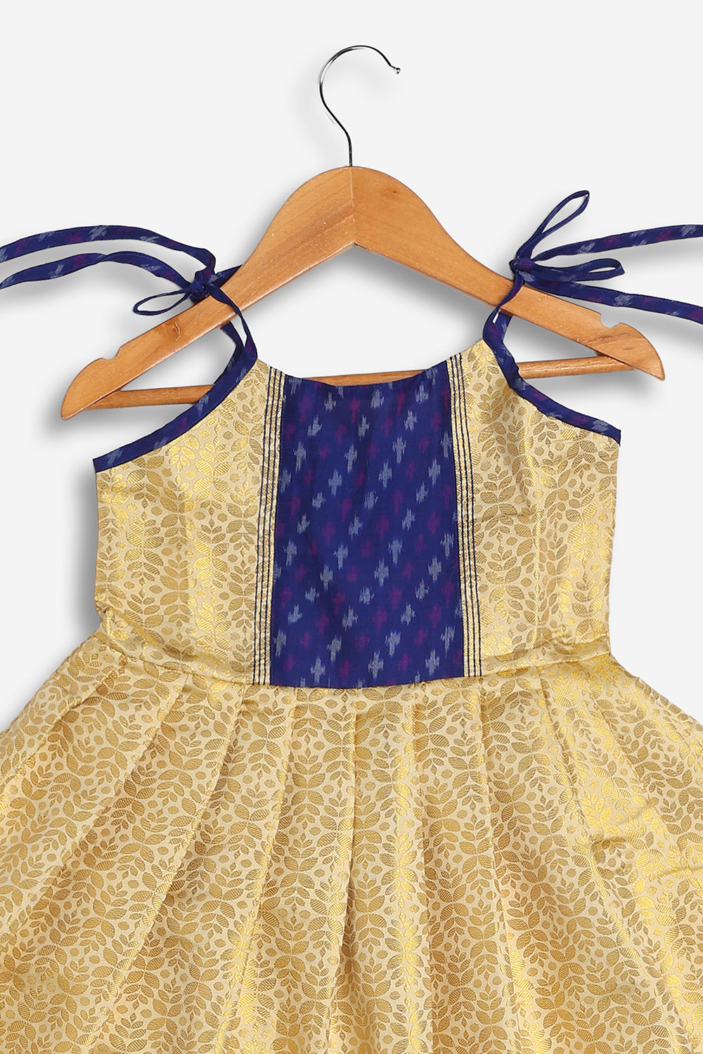 Chittythali Girls Semi Silk Ethnic Frock with Ikat Panel & Back Smocking | Shoulder Tie Traditional Festive Dress - FR63